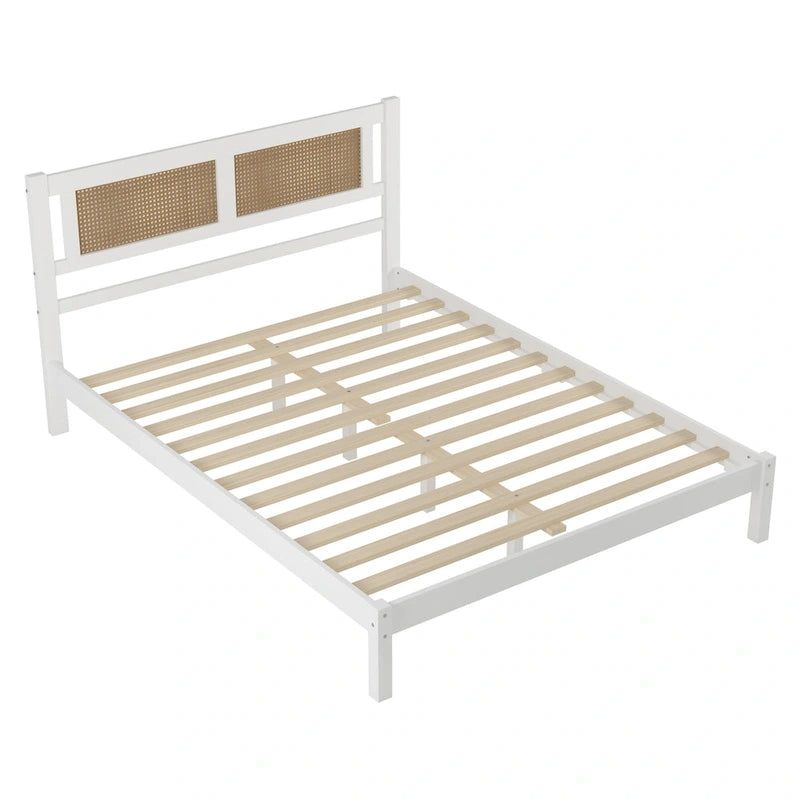 Tête de lit en rotin creux naturel, Cadre de lit plateforme en bois, Lit avec lattes en bois pour chambre à coucher