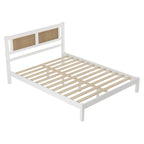Tête de lit en rotin creux naturel, Cadre de lit plateforme en bois, Lit avec lattes en bois pour chambre à coucher