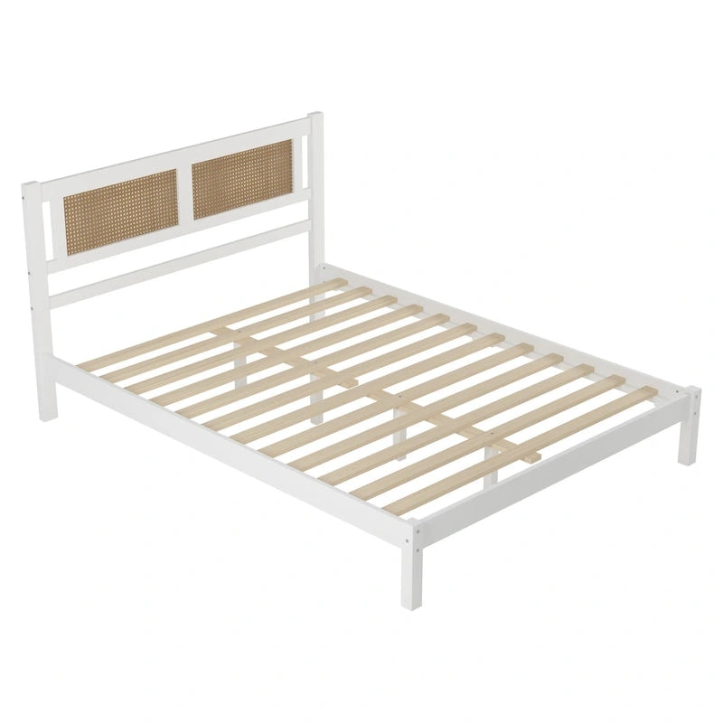 Tête de lit en rotin creux naturel, Cadre de lit plateforme en bois, Lit avec lattes en bois pour chambre à coucher