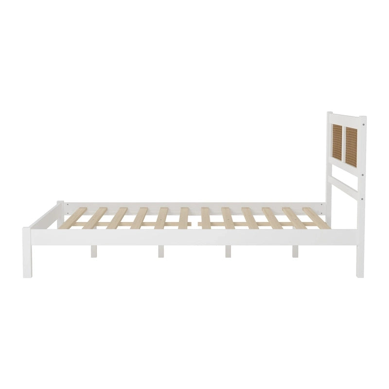 Tête de lit en rotin creux naturel, Cadre de lit plateforme en bois, Lit avec lattes en bois pour chambre à coucher