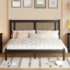 Tête de lit en rotin creux naturel, Cadre de lit plateforme en bois, Lit avec lattes en bois pour chambre à coucher