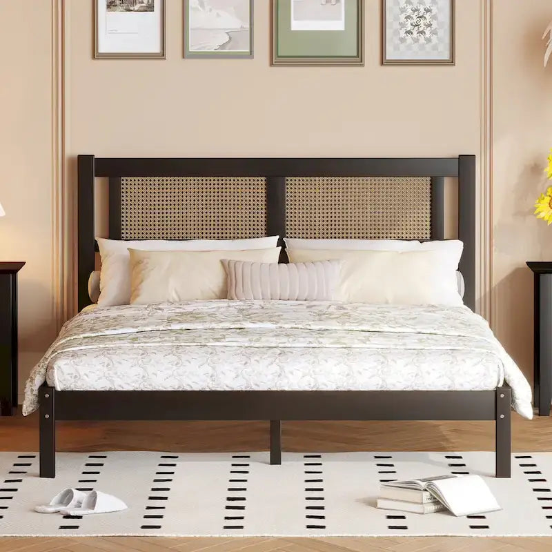 Tête de lit en rotin creux naturel, Cadre de lit plateforme en bois, Lit avec lattes en bois pour chambre à coucher