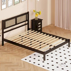 Tête de lit en rotin creux naturel, Cadre de lit plateforme en bois, Lit avec lattes en bois pour chambre à coucher