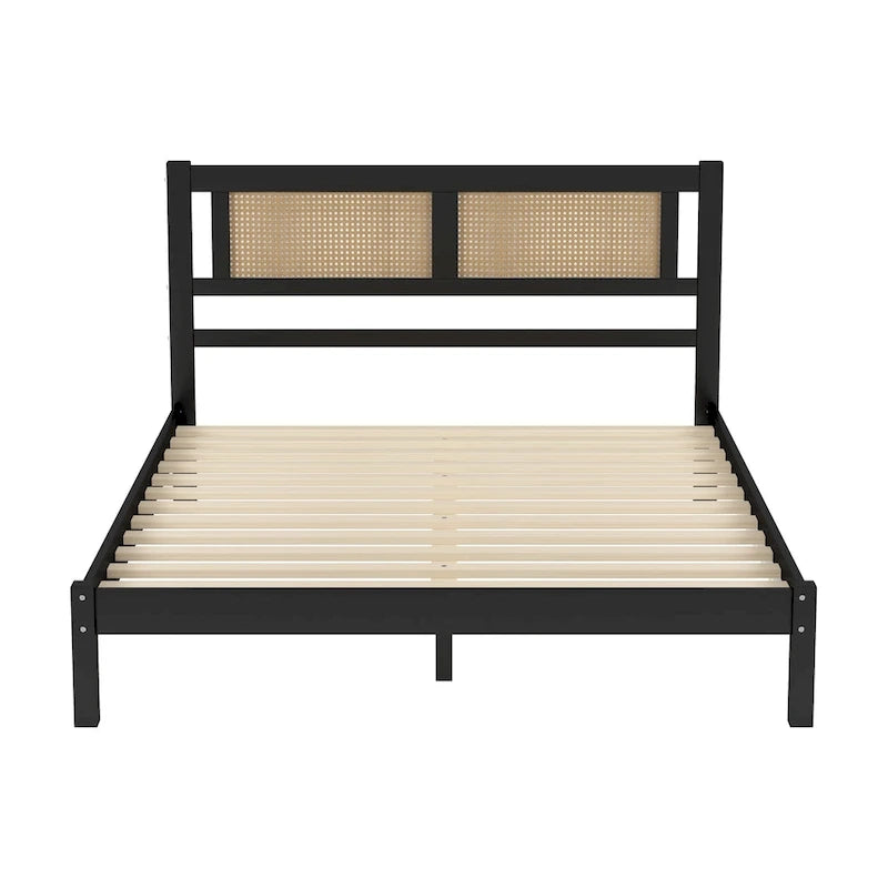 Tête de lit en rotin creux naturel, Cadre de lit plateforme en bois, Lit avec lattes en bois pour chambre à coucher