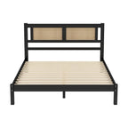 Tête de lit en rotin creux naturel, Cadre de lit plateforme en bois, Lit avec lattes en bois pour chambre à coucher
