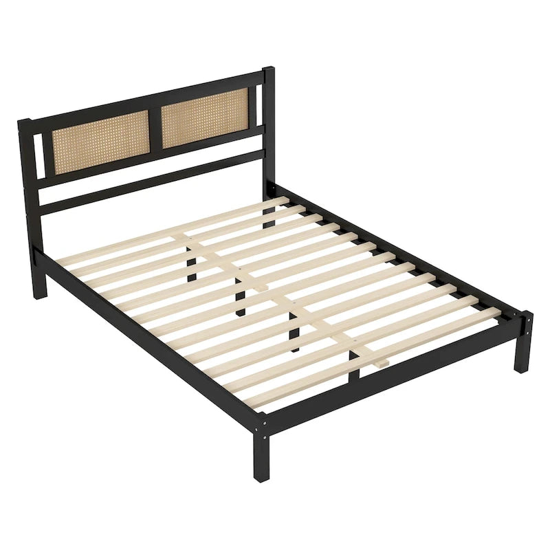 Tête de lit en rotin creux naturel, Cadre de lit plateforme en bois, Lit avec lattes en bois pour chambre à coucher