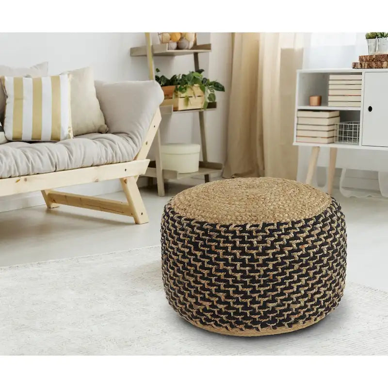 Pouff ottoman rond tressé brun et noir de 18 pouces