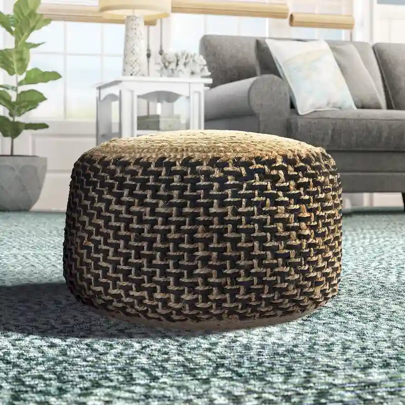 Pouff ottoman rond tressé brun et noir de 18 pouces