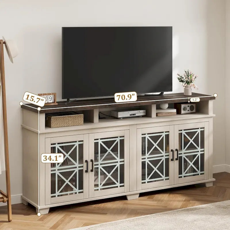 Meuble TV pour 80 pouces, Meuble de divertissement moderne du milieu du siècle avec lumières LED et rangement - 65 pouces