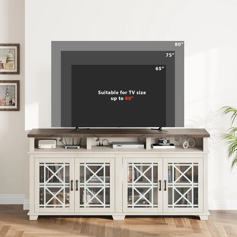 Meuble TV pour 80 pouces, Meuble de divertissement moderne du milieu du siècle avec lumières LED et rangement - 65 pouces