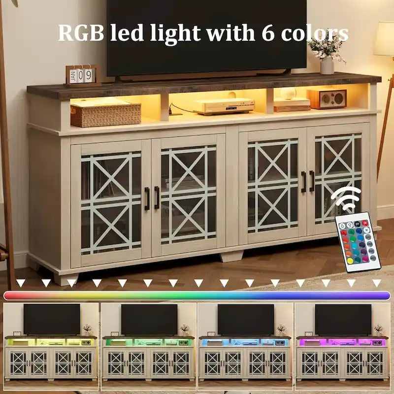Meuble TV pour 80 pouces, Meuble de divertissement moderne du milieu du siècle avec lumières LED et rangement - 65 pouces
