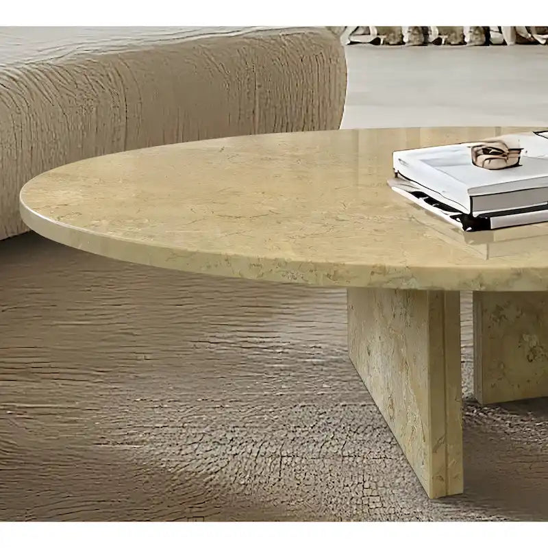 Table Basse Ronde en Marbre Blanc/Beige/Bleu, 1 Plateau, 89,9 cm