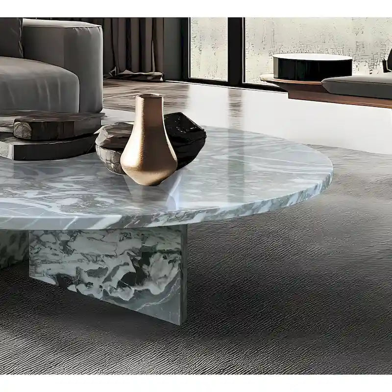 Table Basse Ronde en Marbre Blanc/Beige/Bleu, 1 Plateau, 89,9 cm
