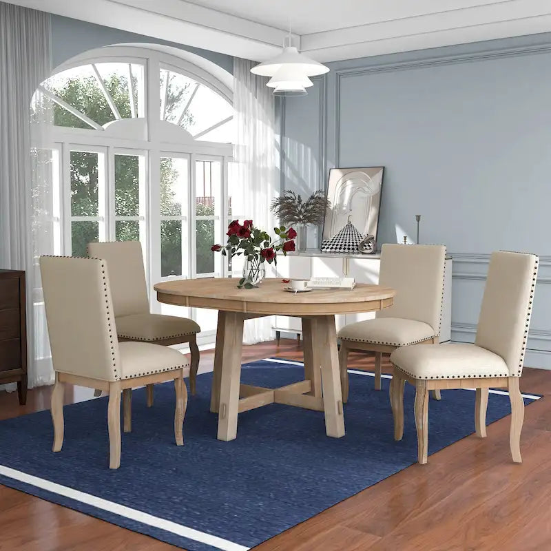 Ensemble de salle à manger 5 pièces style Ferme, Table Ronde Extensible en Bois et Chaises avec Clous pour Salle à Manger