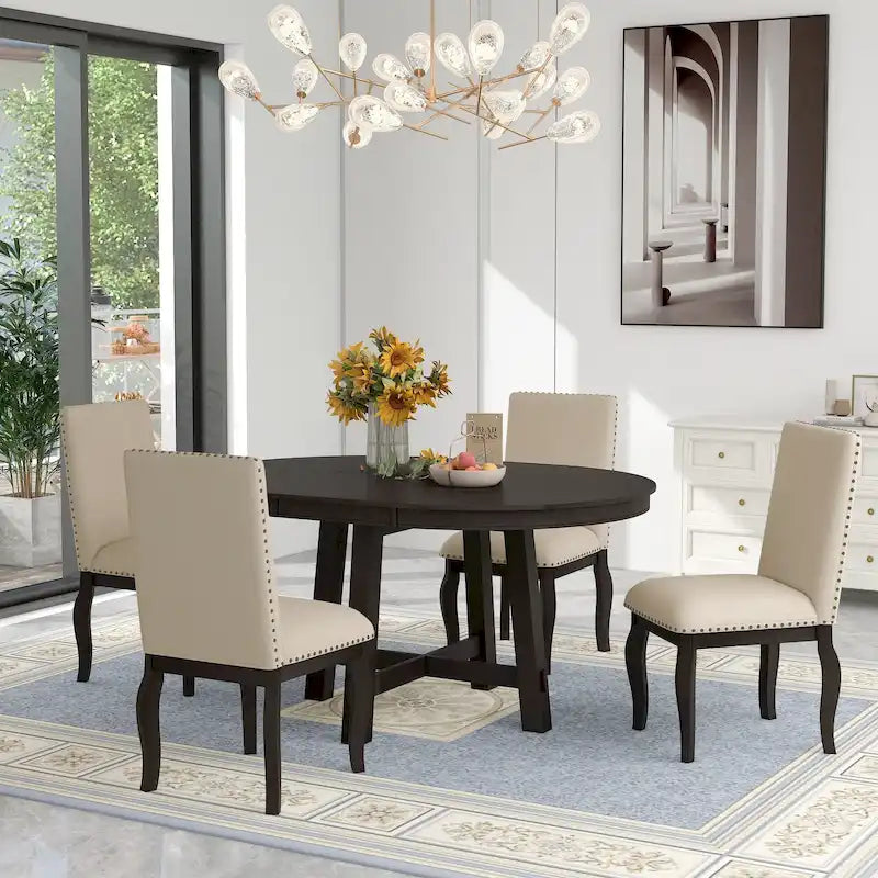 Ensemble de salle à manger 5 pièces style Ferme, Table Ronde Extensible en Bois et Chaises avec Clous pour Salle à Manger