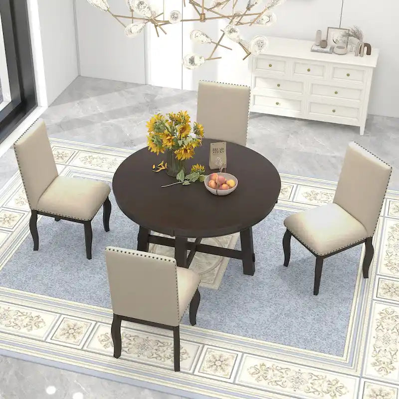 Ensemble de salle à manger 5 pièces style Ferme, Table Ronde Extensible en Bois et Chaises avec Clous pour Salle à Manger