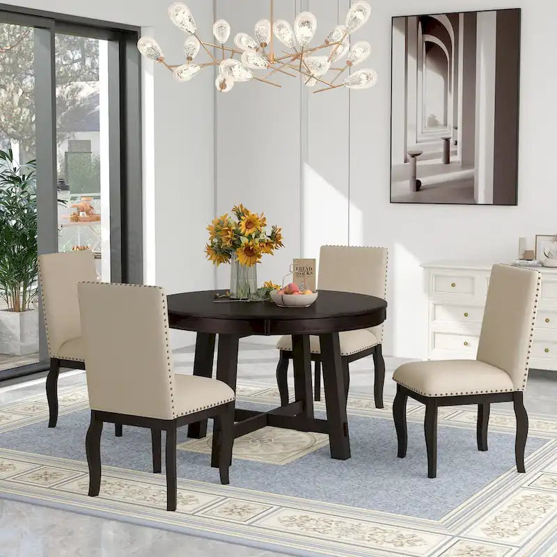 Ensemble de salle à manger 5 pièces style Ferme, Table Ronde Extensible en Bois et Chaises avec Clous pour Salle à Manger