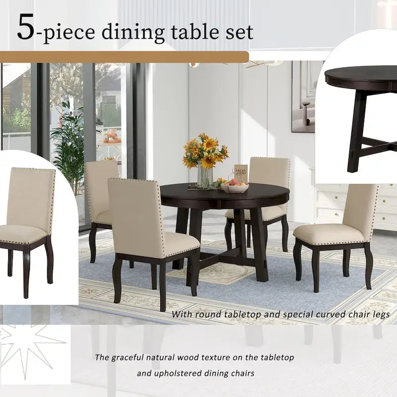 Ensemble de salle à manger 5 pièces style Ferme, Table Ronde Extensible en Bois et Chaises avec Clous pour Salle à Manger
