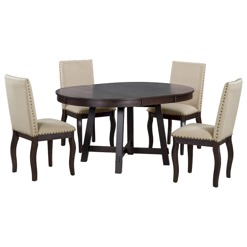 Ensemble de salle à manger 5 pièces style Ferme, Table Ronde Extensible en Bois et Chaises avec Clous pour Salle à Manger