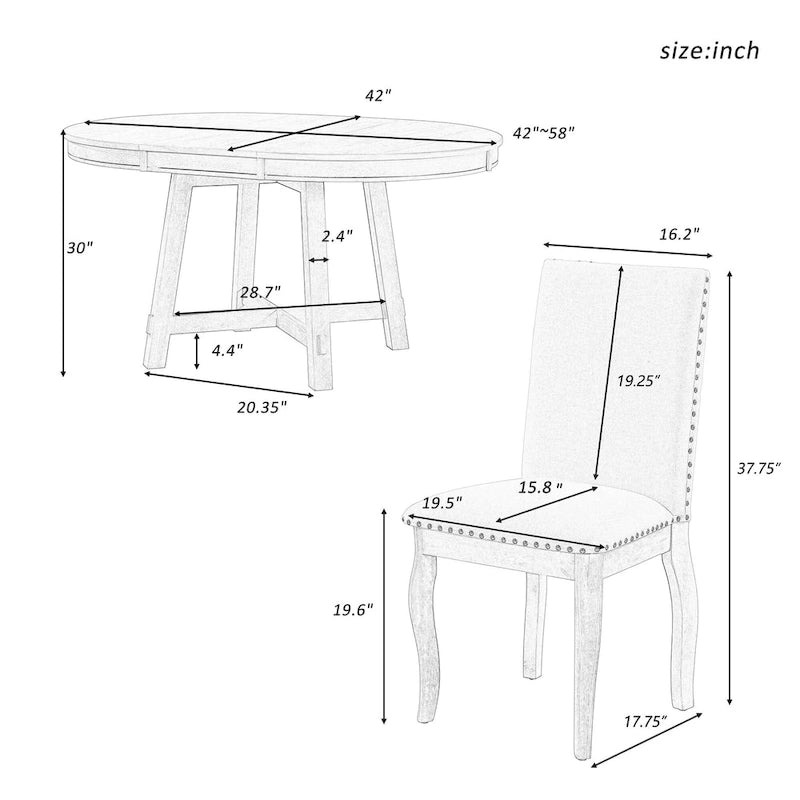 Ensemble de salle à manger 5 pièces style Ferme, Table Ronde Extensible en Bois et Chaises avec Clous pour Salle à Manger
