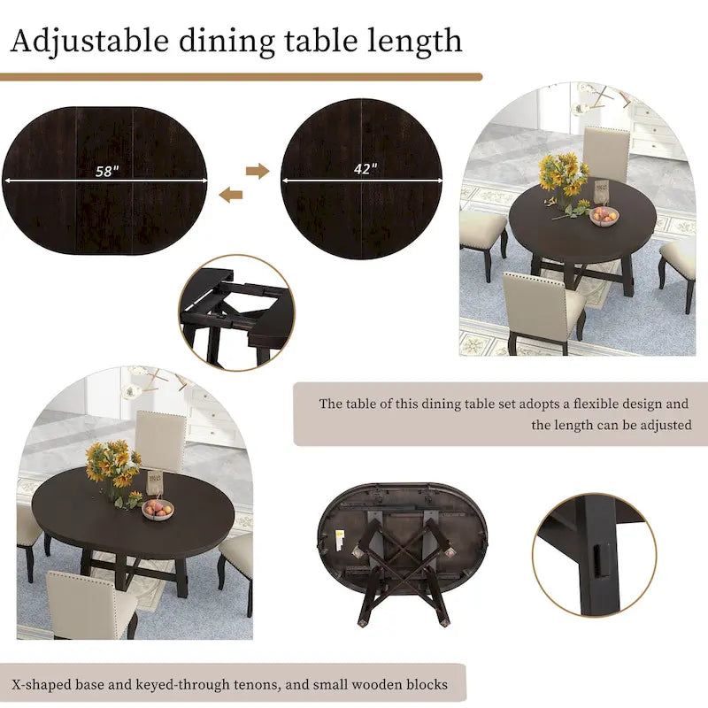 Ensemble de salle à manger 5 pièces style Ferme, Table Ronde Extensible en Bois et Chaises avec Clous pour Salle à Manger