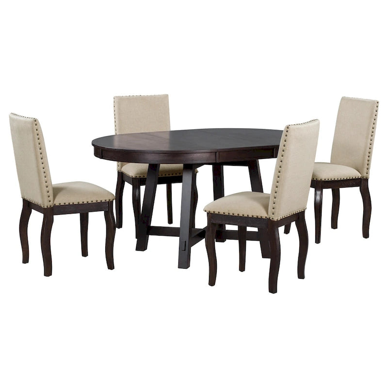 Ensemble de salle à manger 5 pièces style Ferme, Table Ronde Extensible en Bois et Chaises avec Clous pour Salle à Manger