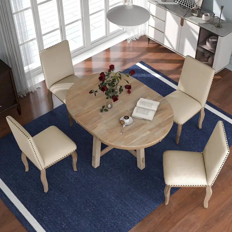 Ensemble de salle à manger 5 pièces style Ferme, Table Ronde Extensible en Bois et Chaises avec Clous pour Salle à Manger