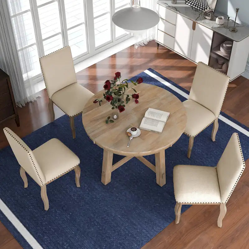Ensemble de salle à manger 5 pièces style Ferme, Table Ronde Extensible en Bois et Chaises avec Clous pour Salle à Manger
