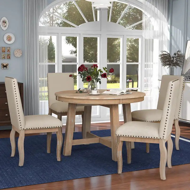 Ensemble de salle à manger 5 pièces style Ferme, Table Ronde Extensible en Bois et Chaises avec Clous pour Salle à Manger