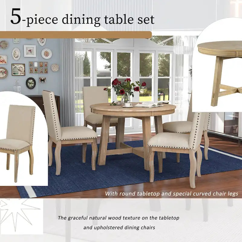 Ensemble de salle à manger 5 pièces style Ferme, Table Ronde Extensible en Bois et Chaises avec Clous pour Salle à Manger