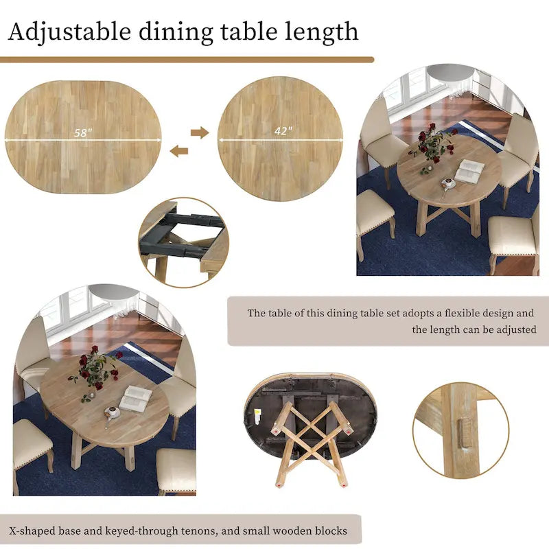 Ensemble de salle à manger 5 pièces style Ferme, Table Ronde Extensible en Bois et Chaises avec Clous pour Salle à Manger
