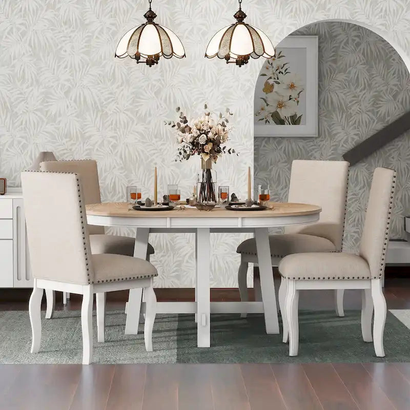 Ensemble de salle à manger 5 pièces style Ferme, Table Ronde Extensible en Bois et Chaises avec Clous pour Salle à Manger