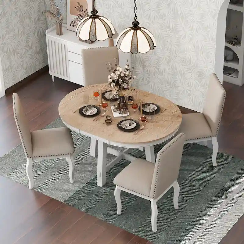 Ensemble de salle à manger 5 pièces style Ferme, Table Ronde Extensible en Bois et Chaises avec Clous pour Salle à Manger