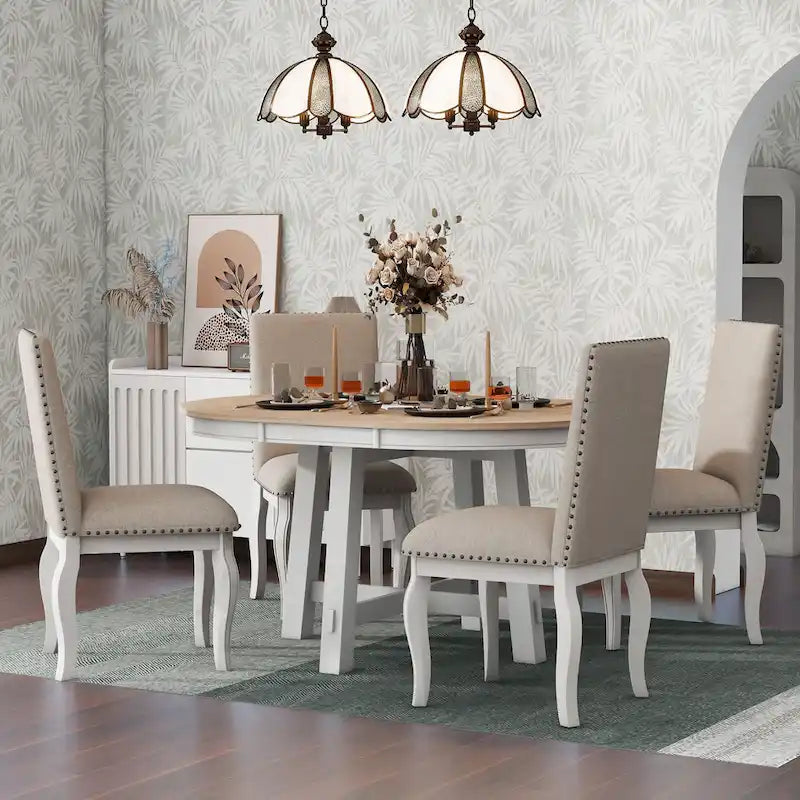 Ensemble de salle à manger 5 pièces style Ferme, Table Ronde Extensible en Bois et Chaises avec Clous pour Salle à Manger