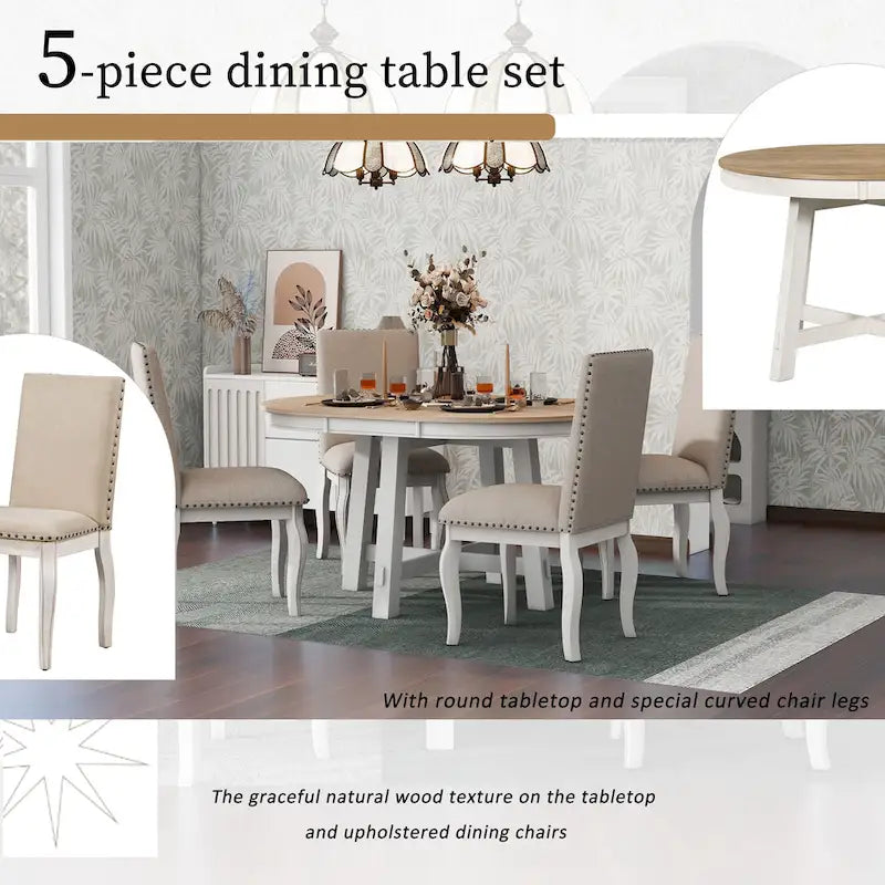 Ensemble de salle à manger 5 pièces style Ferme, Table Ronde Extensible en Bois et Chaises avec Clous pour Salle à Manger