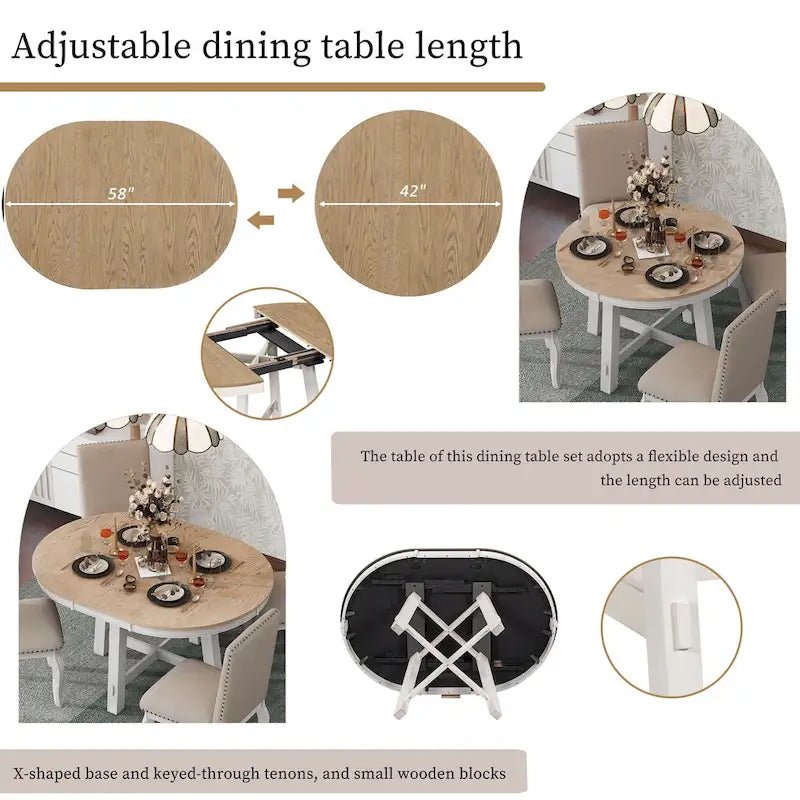 Ensemble de salle à manger 5 pièces style Ferme, Table Ronde Extensible en Bois et Chaises avec Clous pour Salle à Manger