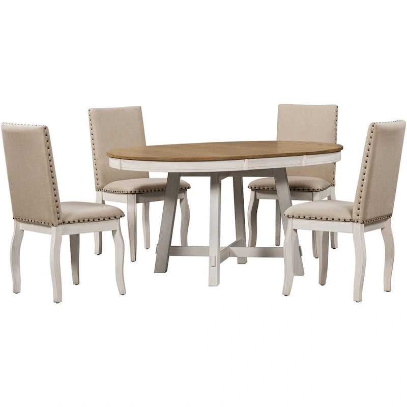 Ensemble de salle à manger 5 pièces style Ferme, Table Ronde Extensible en Bois et Chaises avec Clous pour Salle à Manger