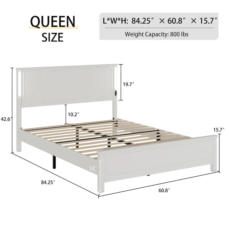 Lit plateforme Queen LED avec tête de lit en bois et station de recharge
