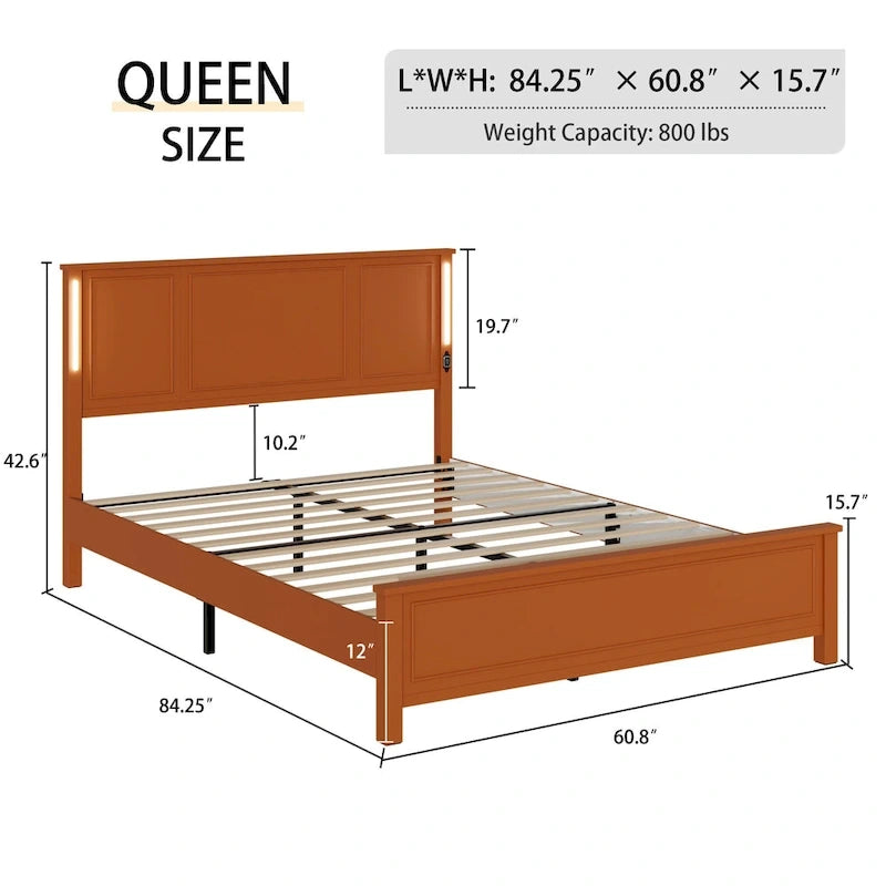 Lit plateforme Queen LED avec tête de lit en bois et station de recharge