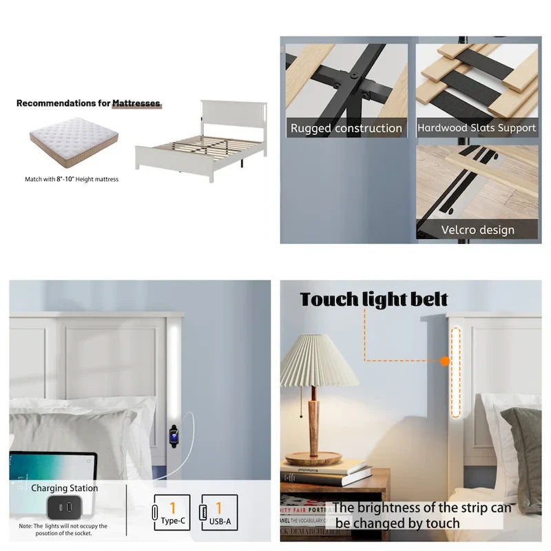 Lit plateforme Queen LED avec tête de lit en bois et station de recharge