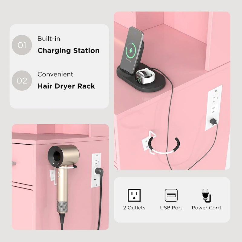 Ensemble coiffeuse Lavin de Roundhill Furniture avec miroir à LED et station de recharge