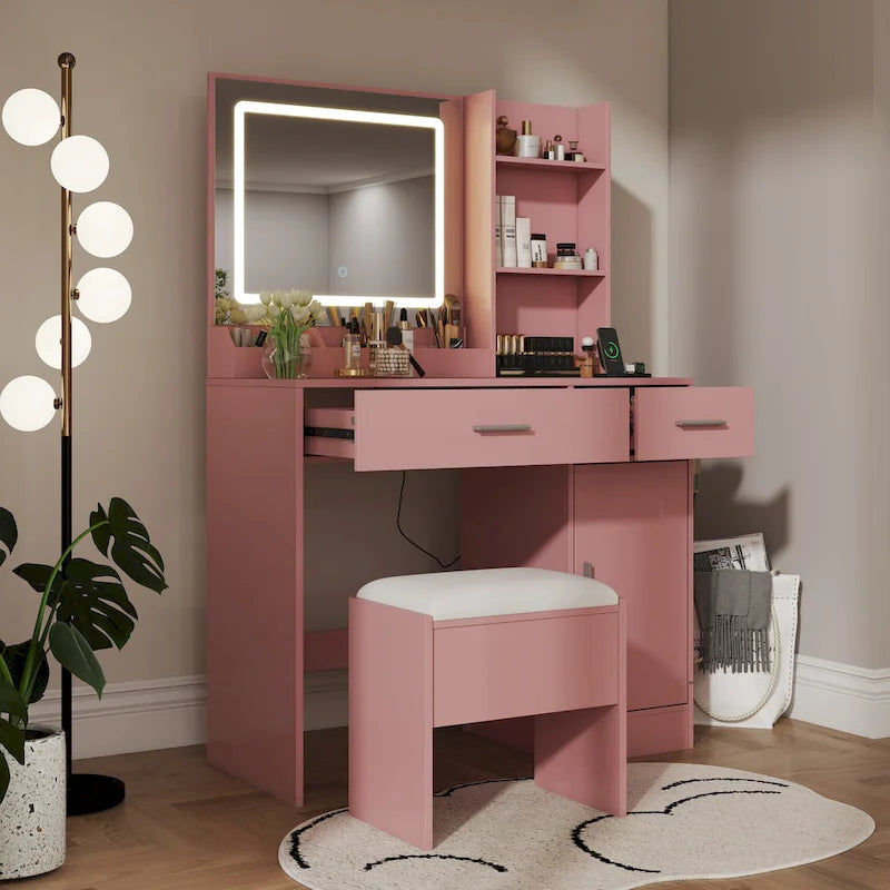Ensemble coiffeuse Lavin de Roundhill Furniture avec miroir à LED et station de recharge