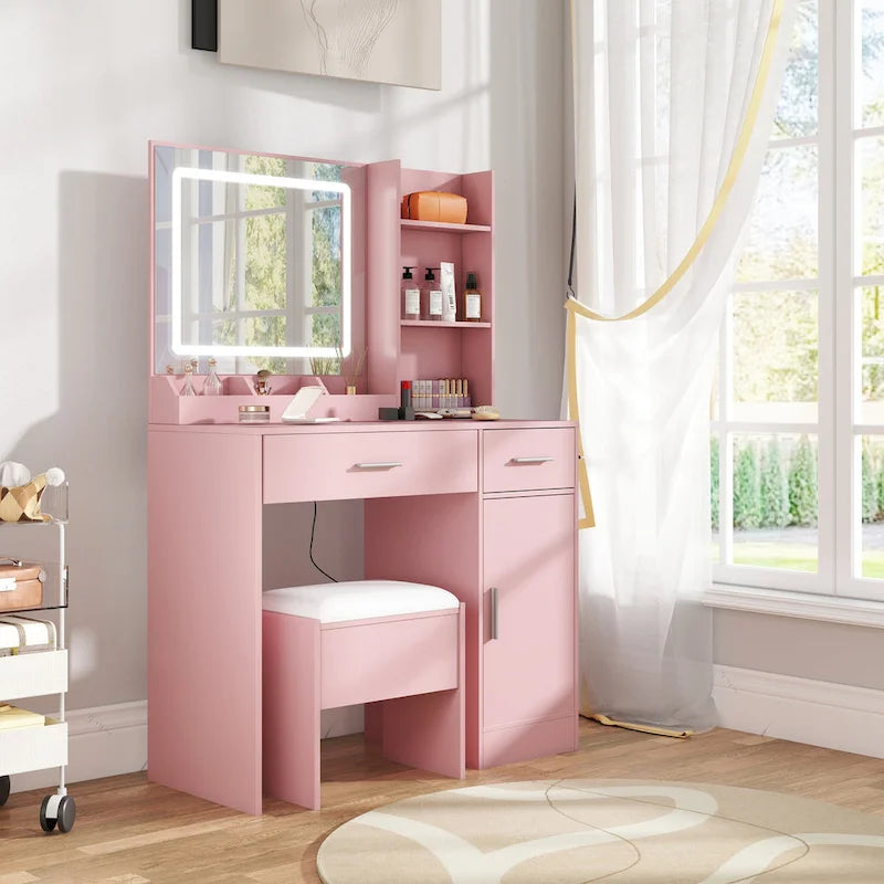 Ensemble coiffeuse Lavin de Roundhill Furniture avec miroir à LED et station de recharge