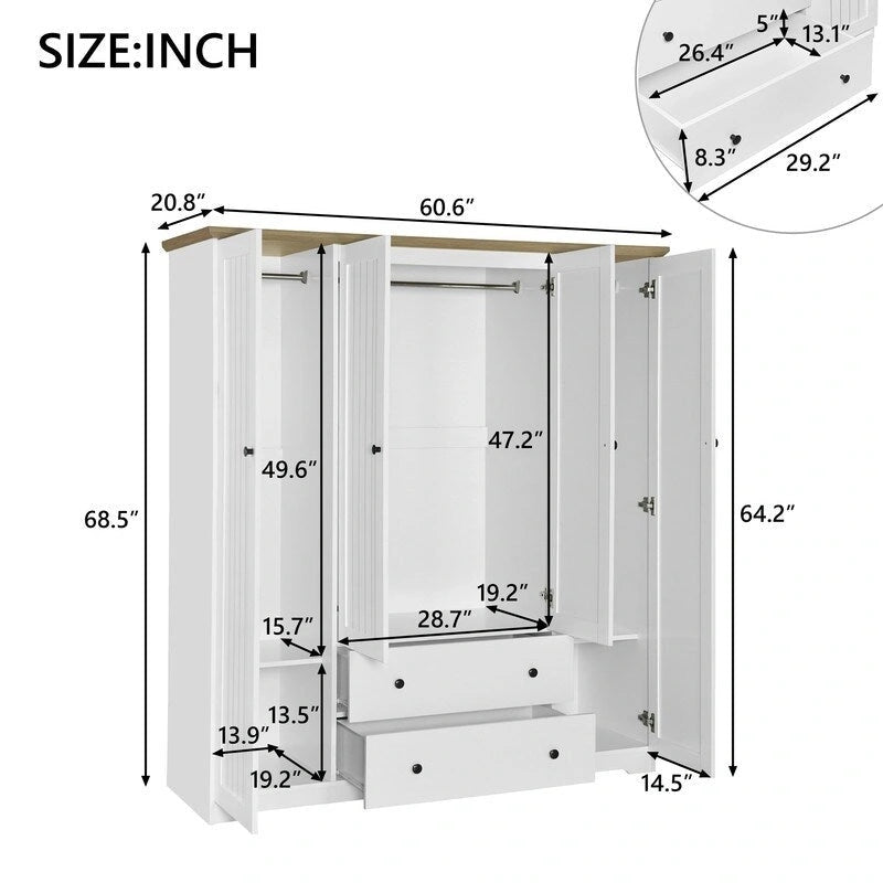 Armoire à 4 portes avec 2 tiroirs marron/blanc