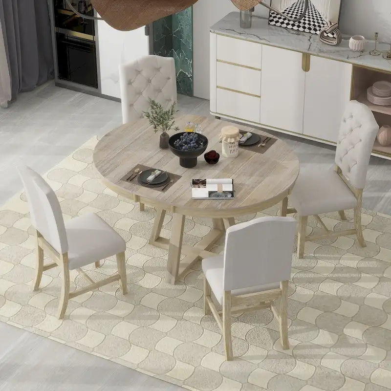 Ensemble de salle à manger rond extensible 5 pièces, ensemble de meubles de cuisine en bois avec rallonge amovible et 4 chaises rembourrées