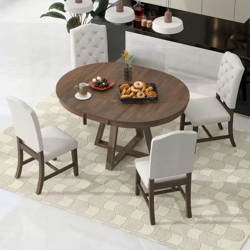 Ensemble de salle à manger rond extensible 5 pièces, ensemble de meubles de cuisine en bois avec rallonge amovible et 4 chaises rembourrées