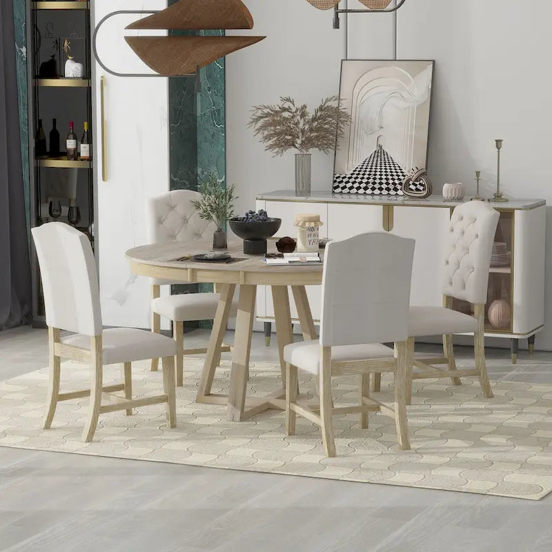 Ensemble de salle à manger rond extensible 5 pièces, ensemble de meubles de cuisine en bois avec rallonge amovible et 4 chaises rembourrées