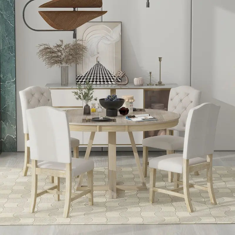 Ensemble de salle à manger rond extensible 5 pièces, ensemble de meubles de cuisine en bois avec rallonge amovible et 4 chaises rembourrées