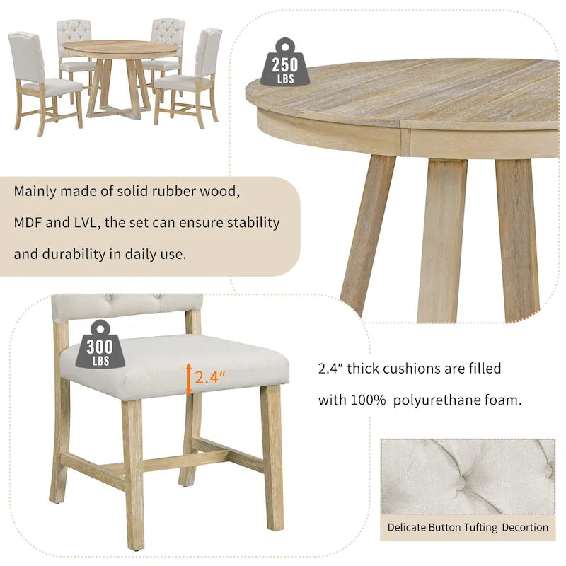 Ensemble de salle à manger rond extensible 5 pièces, ensemble de meubles de cuisine en bois avec rallonge amovible et 4 chaises rembourrées