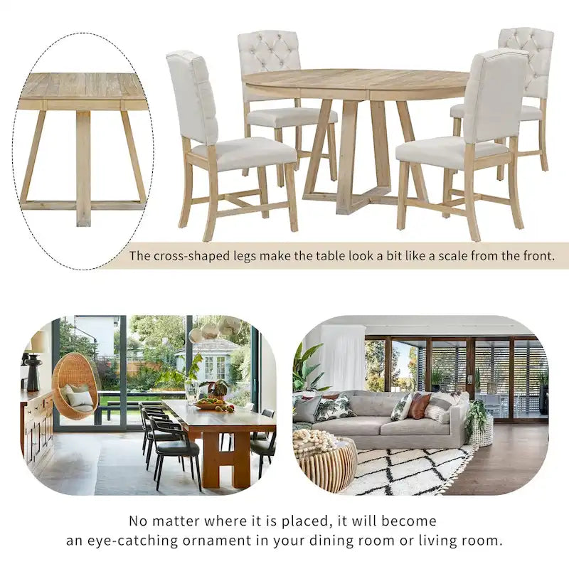 Ensemble de salle à manger rond extensible 5 pièces, ensemble de meubles de cuisine en bois avec rallonge amovible et 4 chaises rembourrées
